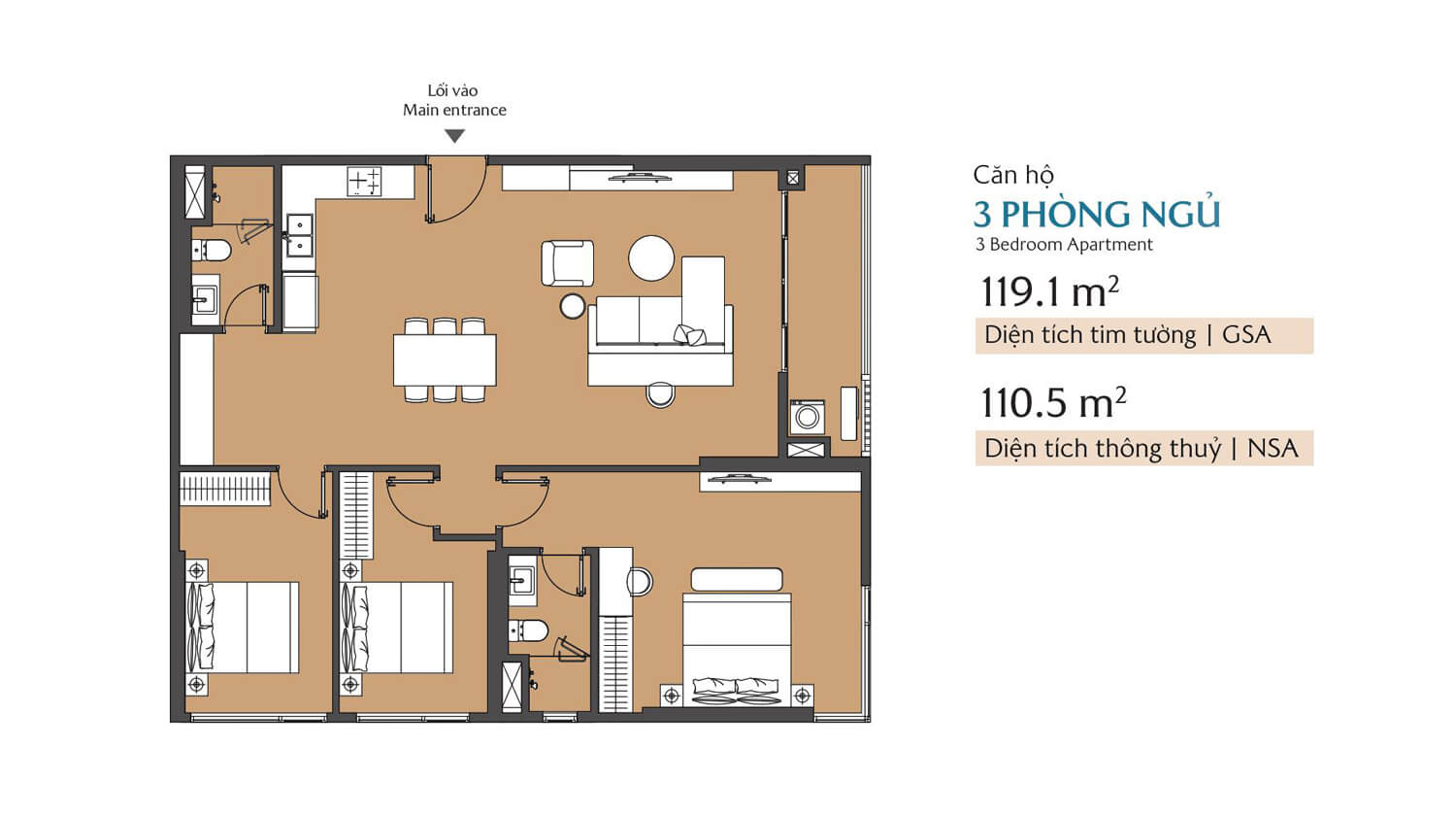Căn 3 phòng ngủ Masteri Cosmo Central